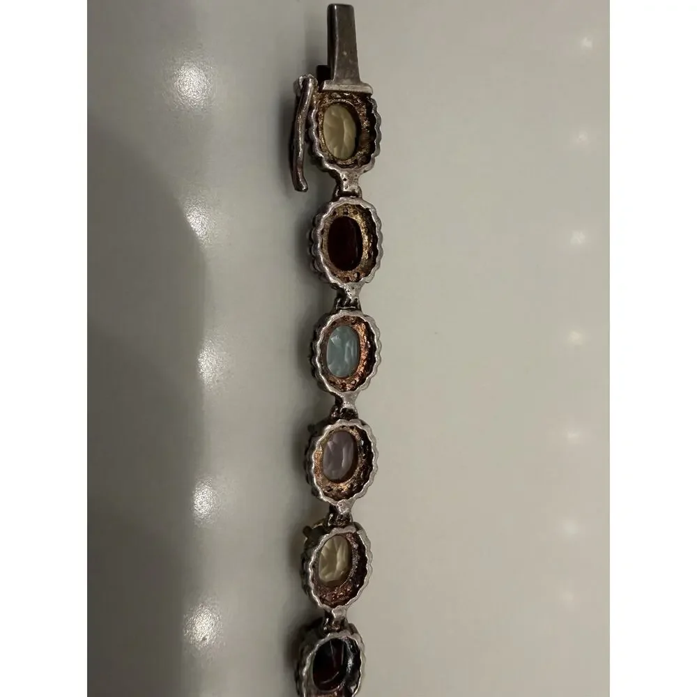 925 Thailand Sterling Silver Multi Color Gemstone Tennis Bracelet Vintage 8” 18g